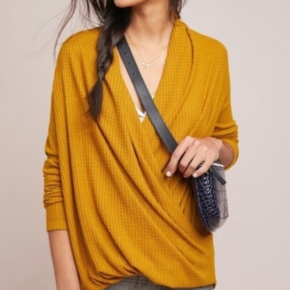 Anthropologie Akemi + Kin Mustard Woodruff Waffle Wrap Around Top M - Picture 1 of 8